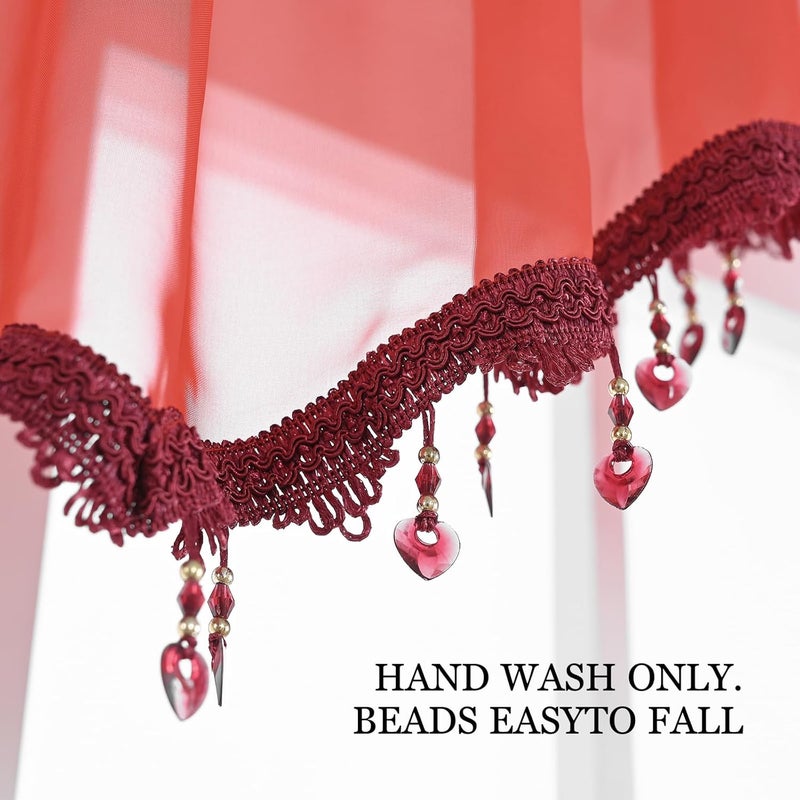 PearAge Beaded Sheer Valance Curtains for Living Room,Rod Pocket Farmhouse Window Valance, Bead Trim Tassel Voile Sheer Curtain Valance for Bedroom Bathroom Cafe 51x24 Inches (Red) 1PC - Image 5